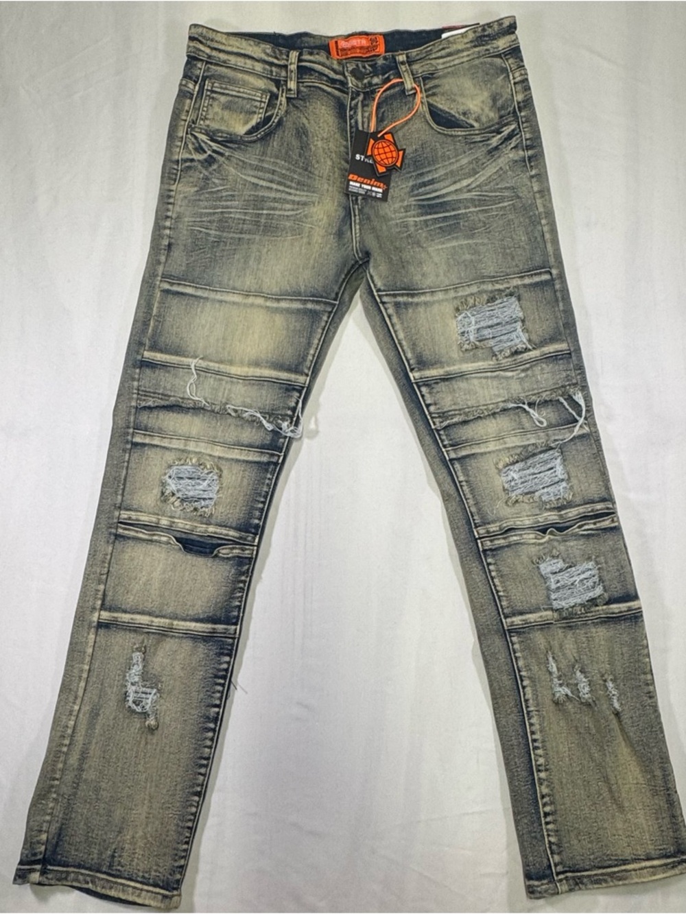 Men's Distressed Gray Straight Jeans - Washed Ripped Denim